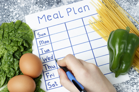 An inscription Meal Plan, schedule on white sheet and whriting hand. View from aboveの写真素材