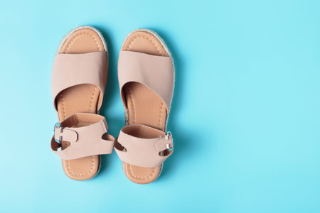 Brown summer sandals, against a blue background. close-up, top view, a replica of the space