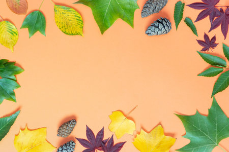 Various autumn leaves and pine cones on a orange background, view from above