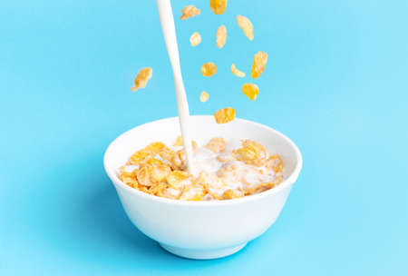 In a plate with cereal pour milk on a blue background, front viewの写真素材