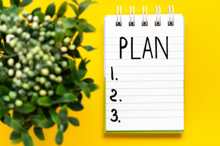The inscription plan on a white notepad and a green plant on a yellow background.