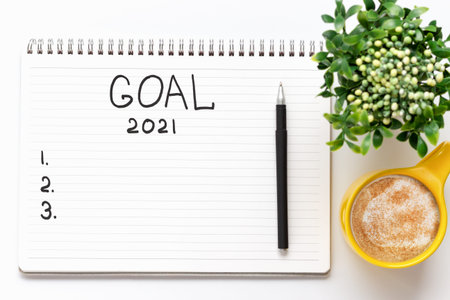 Inscription Goals 2021 in a notebook, concept of planning, setting purpose