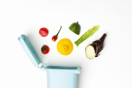 Organic waste and trash can on white background, concept of garbage sorting