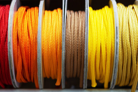 Bright multi-colored laces in bobbins, close-up front view.