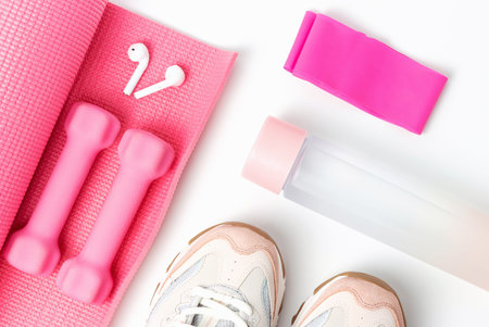 Sports accessories and sneakers on white background, top view.