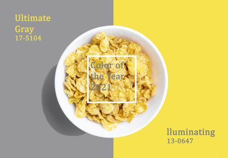 Plate with breakfast cereal on Illuminating and ultimate gray trending background 2021