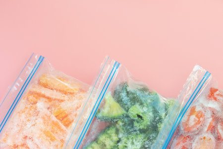 Three packages with frozen vegetables on pink background, top viewの写真素材