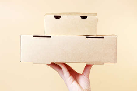 Female hand holds two cardboard boxes with food on brown background.の写真素材