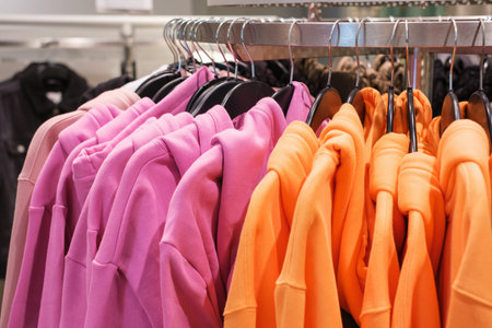 Colorful hoodies hanging on a hanger in a sportswear store close-up.