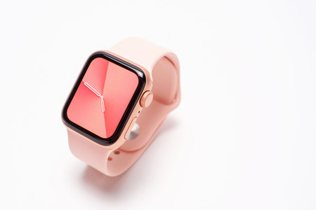 Seoul - 27.07.2022: Apple Watch with pink strap on white background close-up.のeditorial素材