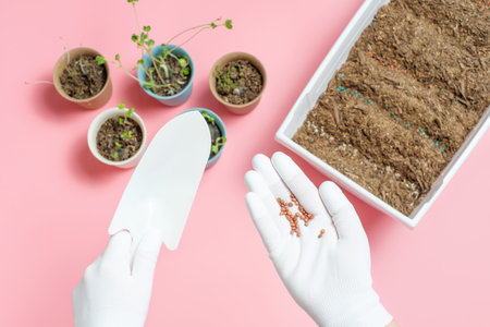 Female hands in white gloves holds seeds against the background of seedlings and soil in a pot.