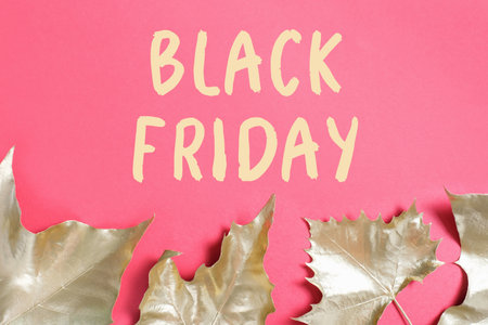 Inscription black friday and golden maple leaves on red background close up.の写真素材