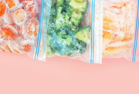 Three packages with frozen vegetables on pink background, top viewの写真素材