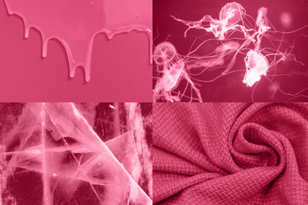 Collage of cosmetic and garments in trending color of the year 2023 Viva Magenta.の写真素材