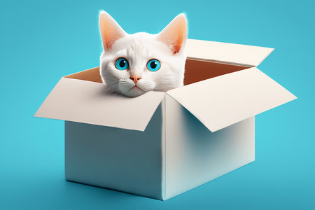 White cat with blue eyes in a cardboard box on a blue background created with Generative AI technology.の素材