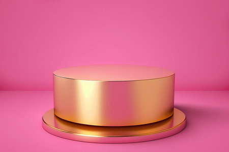 Golden round podium for goods on a pink background created with Generative AI technology.の素材