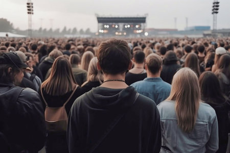 Crowd of people at concert on the street back view, created with Generative AI technology.の素材