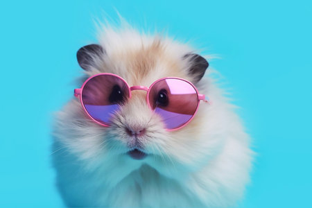 Fluffy hamster in sunglasses sitting on blue background front view, created with Generative AI technology.の素材