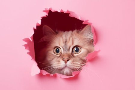 Fluffy cat peeking out of a hole in pink torn paper close-up, created with Generative AI technology.の素材