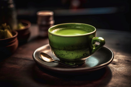 Ceramic mug with green matcha tea close-up, created with Generative AI technology.の素材