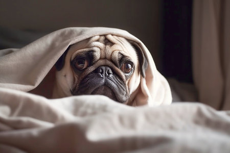 Dog pug under a white blanket close-up, created with Generative AI technology.の素材