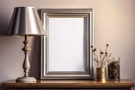 Empty photo frame on gray wall background, created with Generative AI technology.の素材