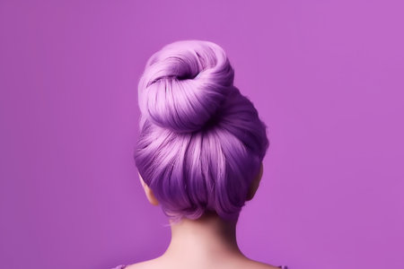 Modern hairstyle bun on purple hair back view close-up, created with Generative AI technology.の素材