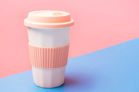 Reusable ceramic glass for coffee with silicone lid on pink and blue background.の写真素材