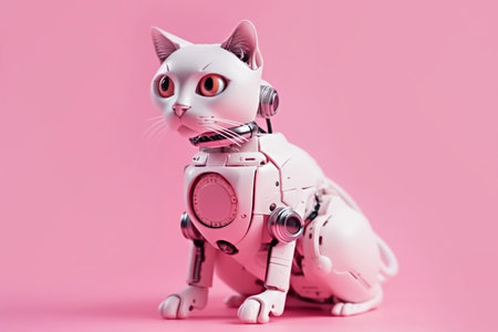 Cat robot close-up on a pink background, created with Generative AI technology.の素材