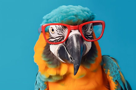 Colorful parrot in glasses on blue background close-up, created with Generative AI technology.の素材
