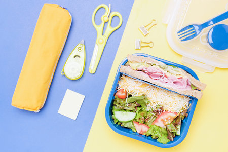 Plastic lunchbox with sandwich and salad on pink and yellow background top view.