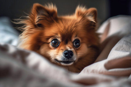 Red pomeranian on a white sheet close-up, created with Generative AI technology.の素材