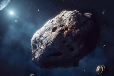 Large asteroid with craters against background of blue space and stars.の素材