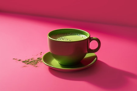 Ceramic mug with green matcha tea close-up on pink background.の素材