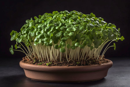 Microgreens growing in brown ceramic pot on a black background.の素材