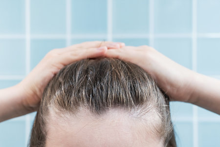 Young woman touching her hair close-up on blue background, hair loss concept.の写真素材