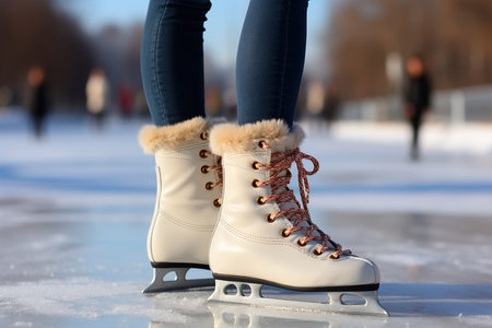 Female legs in skates on ice at a skating rink close-up.の素材