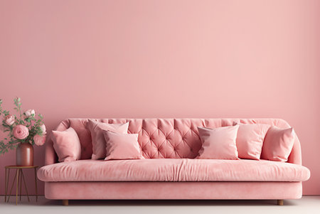 Soft sofa on a background of pink wall front view, concept of modern minimalist interior.の素材