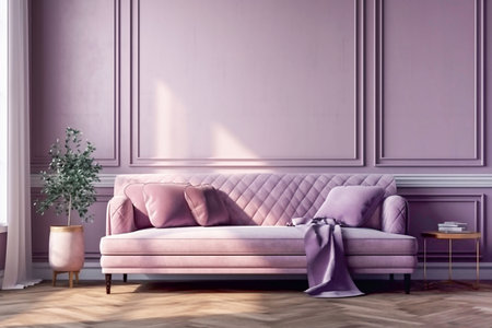 Soft sofa on a background of purple wall front view, concept of modern minimalist interior.の素材