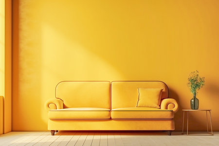Soft sofa on a background of yellow wall front view, concept of modern minimalist interior.の素材