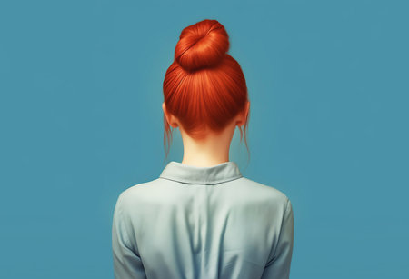 Portrait of woman with red hair with bun hairstyle on blue background, rear view.の素材