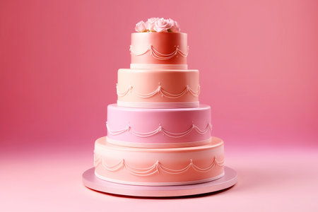 Four-tiered cake isolated on pink background close-up.の素材