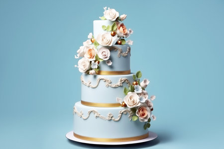 Four-tier cake with flowers on a blue background close-up.の素材