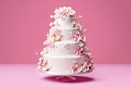 Four-tier cake with flowers on a pink background close-up.の素材