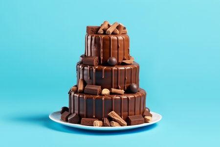 Three-tier chocolate cake with sweets on a blue background close-up.の素材
