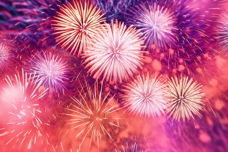 Multi-colored bright fireworks against sky, texture and background.の素材