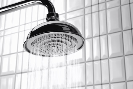 Modern shower on the background of tiles in the bathroom close-up.の素材