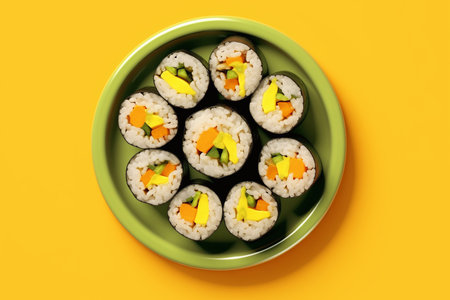 Rolls of Korean kimbap on yellow background, top view.の素材