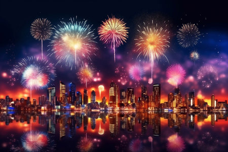 Multi-colored fireworks against the backdrop of the night city.の素材
