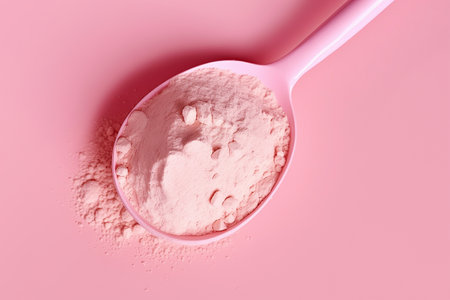 Protein in scoop on pink background close-up, top view.の素材